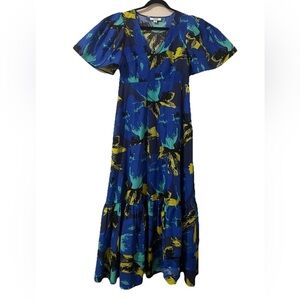 Target CHRISTOPHER JOHN ROGERS Blue Floral Puff Sleeve  Dress Size 6 Ruffle Hem